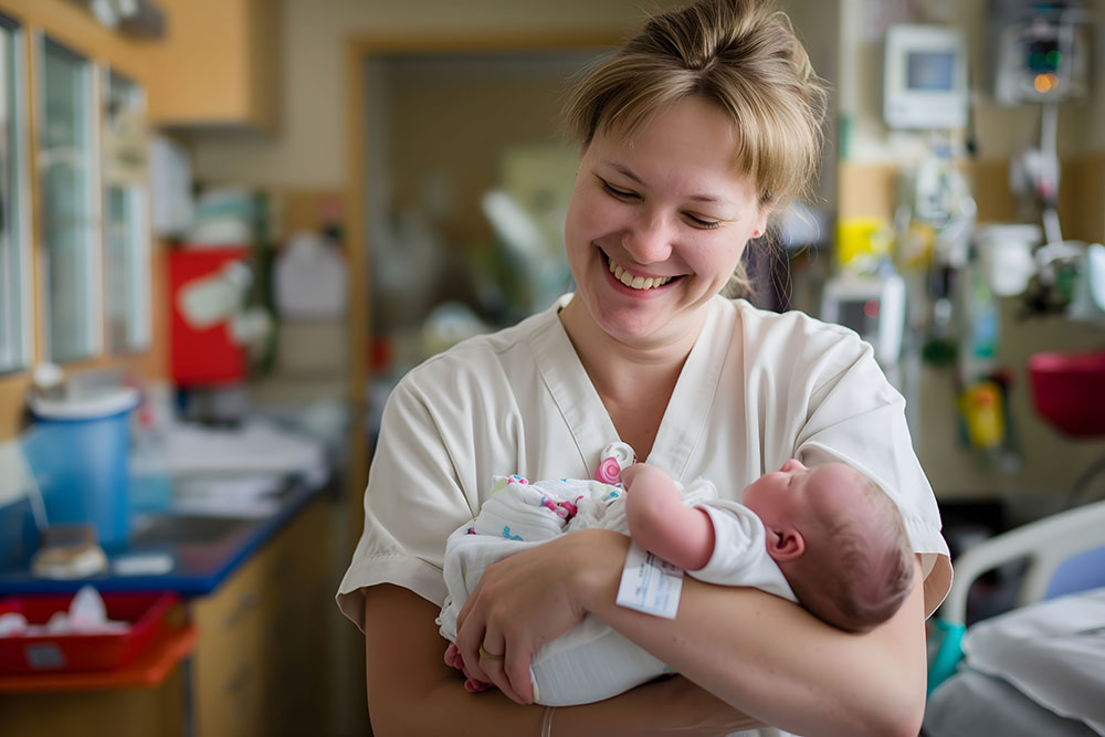 Happy nurse midwife holds newborn baby